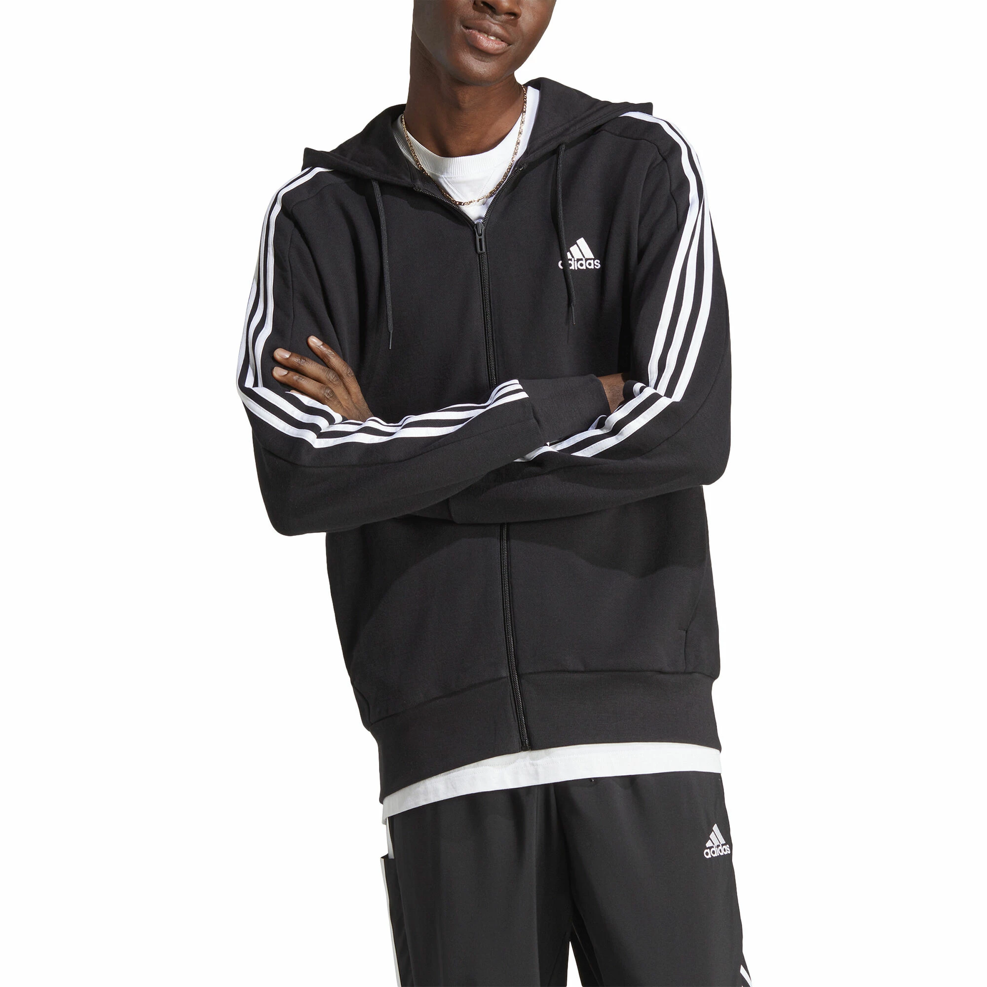 ADIDAS Essentials French Terry 3-Stripes Full-Zip Hoodie Men - Black, White 2 ADIDAS Essentials French Terry 3-Stripes Full-Zip Hoodie Men - Black, White - Image 2